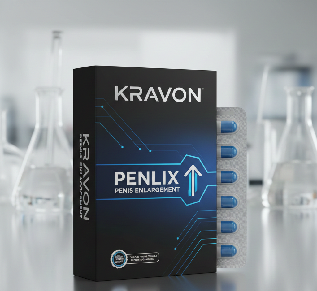 Professzionális fotó a Penlix táplálékkiegészítő kapszulákról elegáns fehér palackban, modern minimalista háttérrel, lágy árnyékokkal, termékfotó stílusban